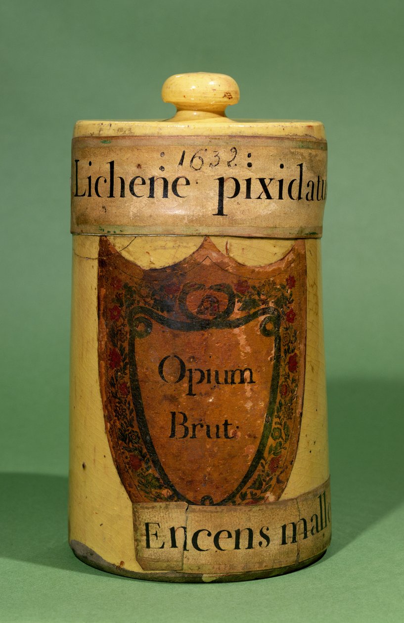 Farmaceutisk burk för förvaring av rå opium, 1632 (keramik) av French School