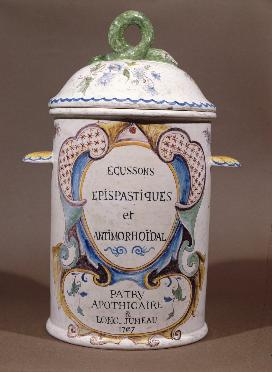 Farmaceutisk burk från Patry-apotekern i Longjumeau, 1767 (keramik) av French School
