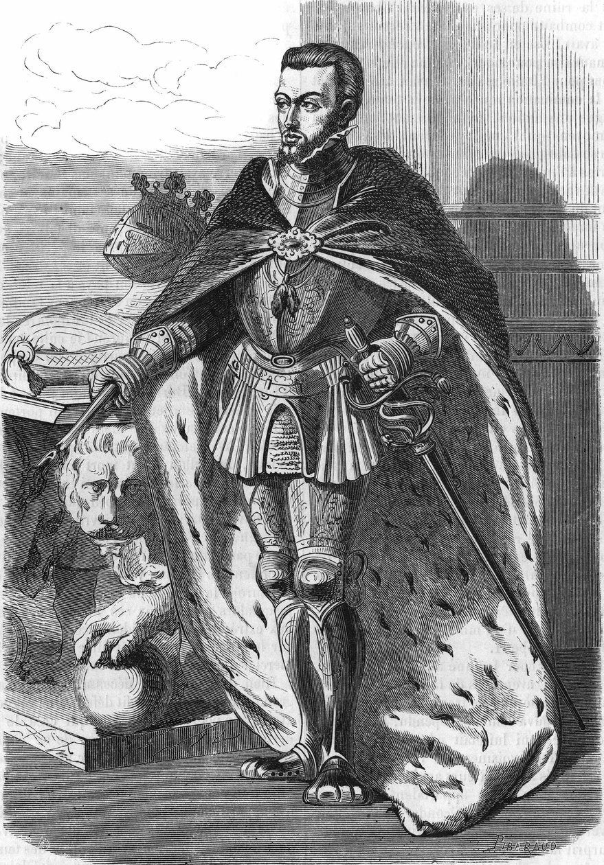 Filip II (1527-1598), kung av Spanien. I ""Popular History of France"", nd. ca 1885. Gravyr. av French School