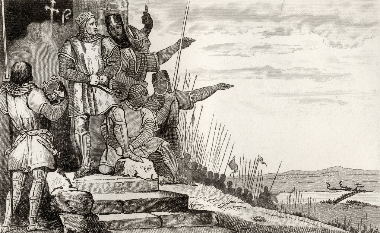 Philippe II Auguste (1165-1223) vinner slaget vid Bouvines efter bön, från 