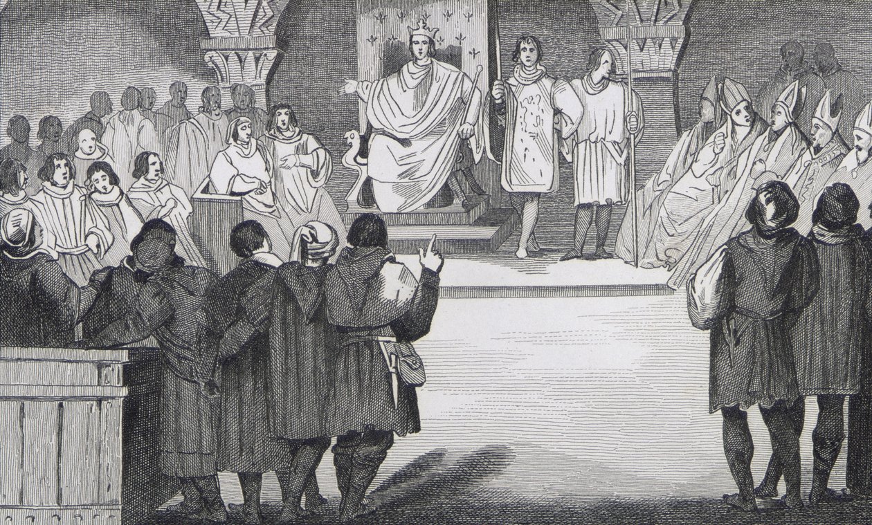 Philippe IV (1268-1314) le Bel återförenar generalstaterna i Louvren, från "Histoire de France" av Colart, publicerad ca 1840 av French School