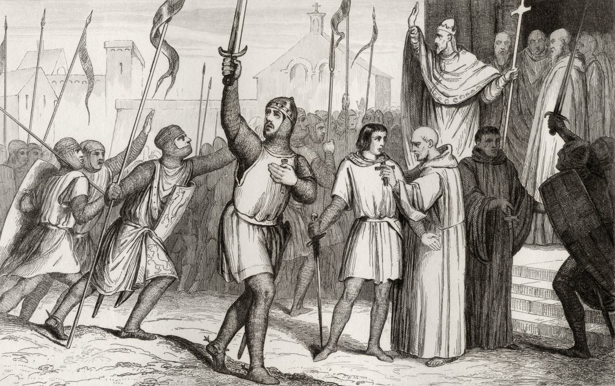 Philippe I (1052-1108) och påven Urban II (ca 1035-99) samlar anhängare för det första korståget 1095, från "Histoire de France" av Colart, publicerad ca 1840 av French School