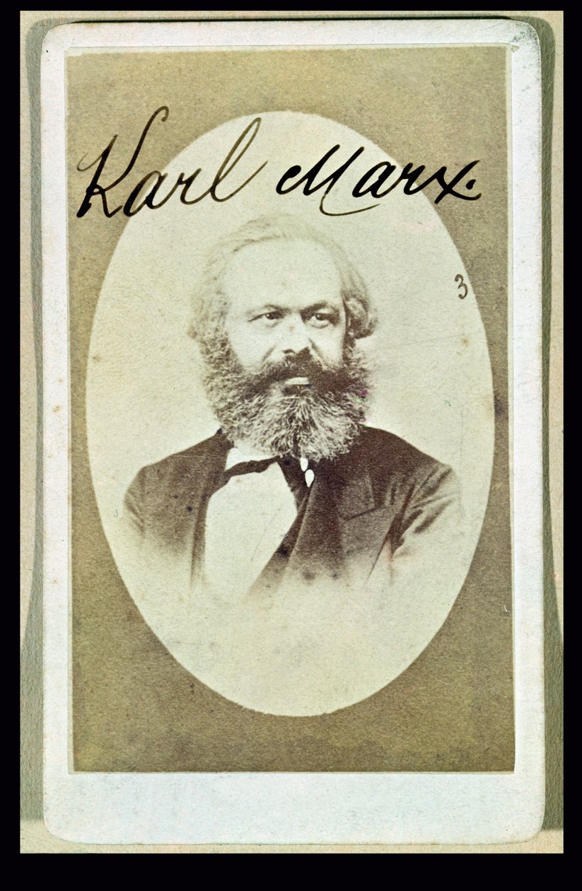 Fotografiskt visitkort av Karl Marx (1818-93) med hans signatur av French School
