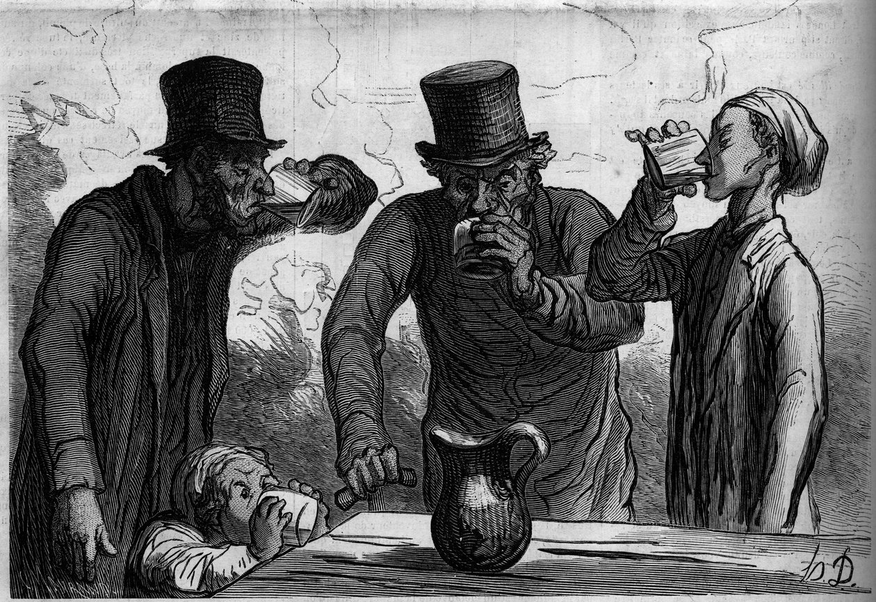 Drickarens fysiologi: de fyra åldrarna. Tecknad av Honore Daumier (1808-1879). Gravyr i "" Le Monde Illustré"" nr 289 den 25 oktober av French School
