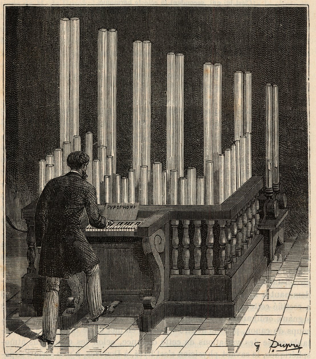 Piano a Gaz - (gasorgel) Pyrofon (eld-/explosionsorgel) (eld-/explosionscalliope) Gravyr i "" Vetenskaper förda till dörren till alla - Populär fysik och kemi" av Alexis Clerc - Slutet av 1800-talet - Privat samling av French School