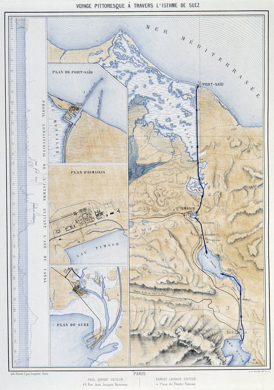 Pittoresk resa genom Sueznäset (Plan of Suez) i "" Invigning av Suezkanalen av G. Nicole. 1869 av French School