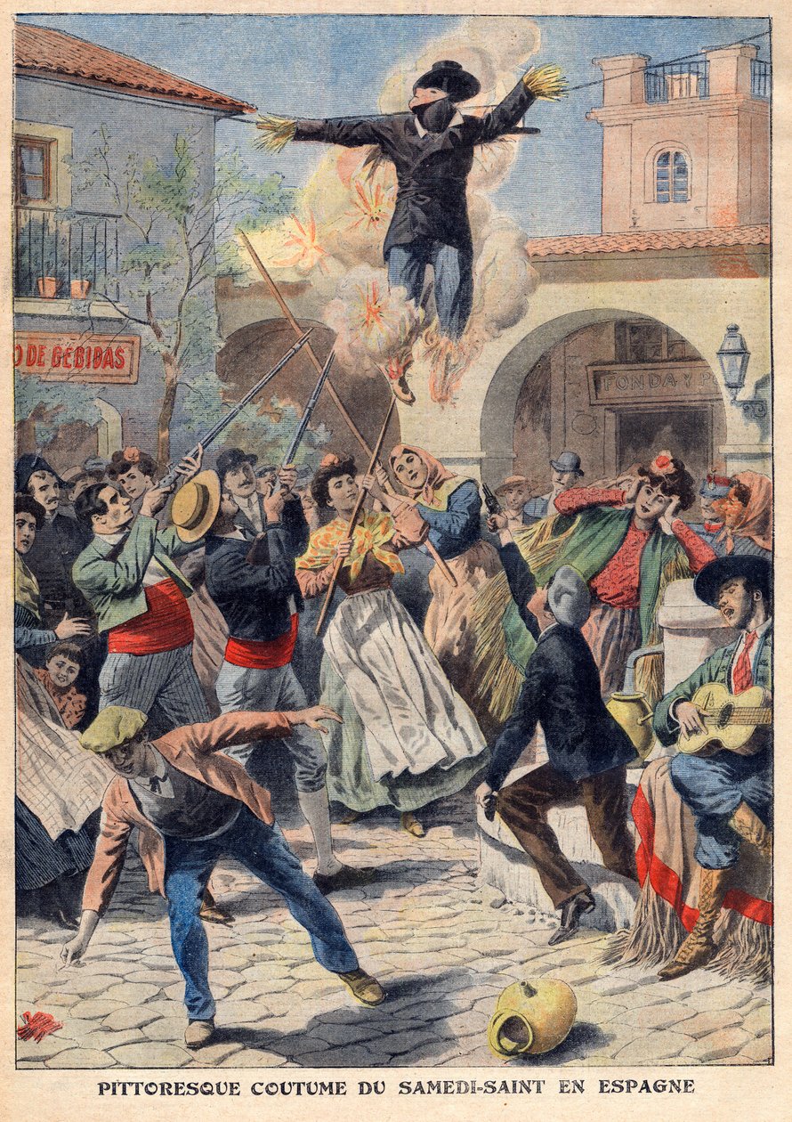 Pittoresk sed av heliga lördagen i Spanien: folket gör en flätad skyltdocka klädd i oriskins (Judas) som går genom gatorna, invektiv, skjuten och bränns - illustration från "The Petit Journal" den 31 mars av French School