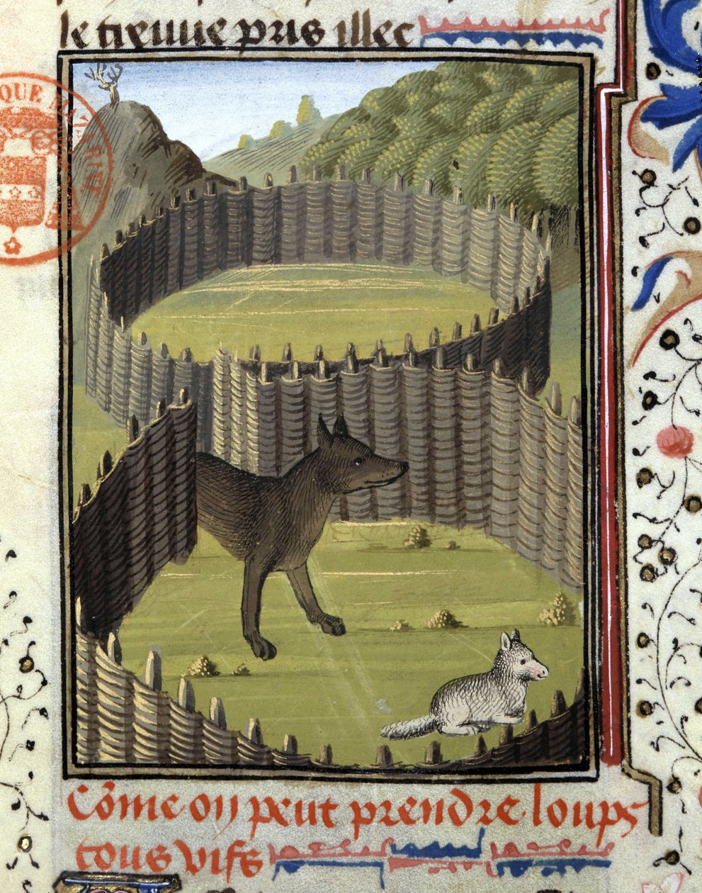 Piege en varg - i "" Hunting Book of Gaston Phoebus, Count of Foix, Lord of Béarn"" av French School