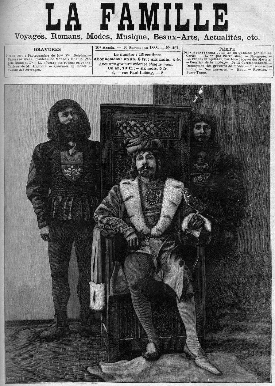 Pierre Loti i Ludvig XI-dräkt tar emot sina gäster i sitt slott under en fest i en dekor från Ludvig XI:s period. Omslag till ""Familjen"" från 1888. av French School