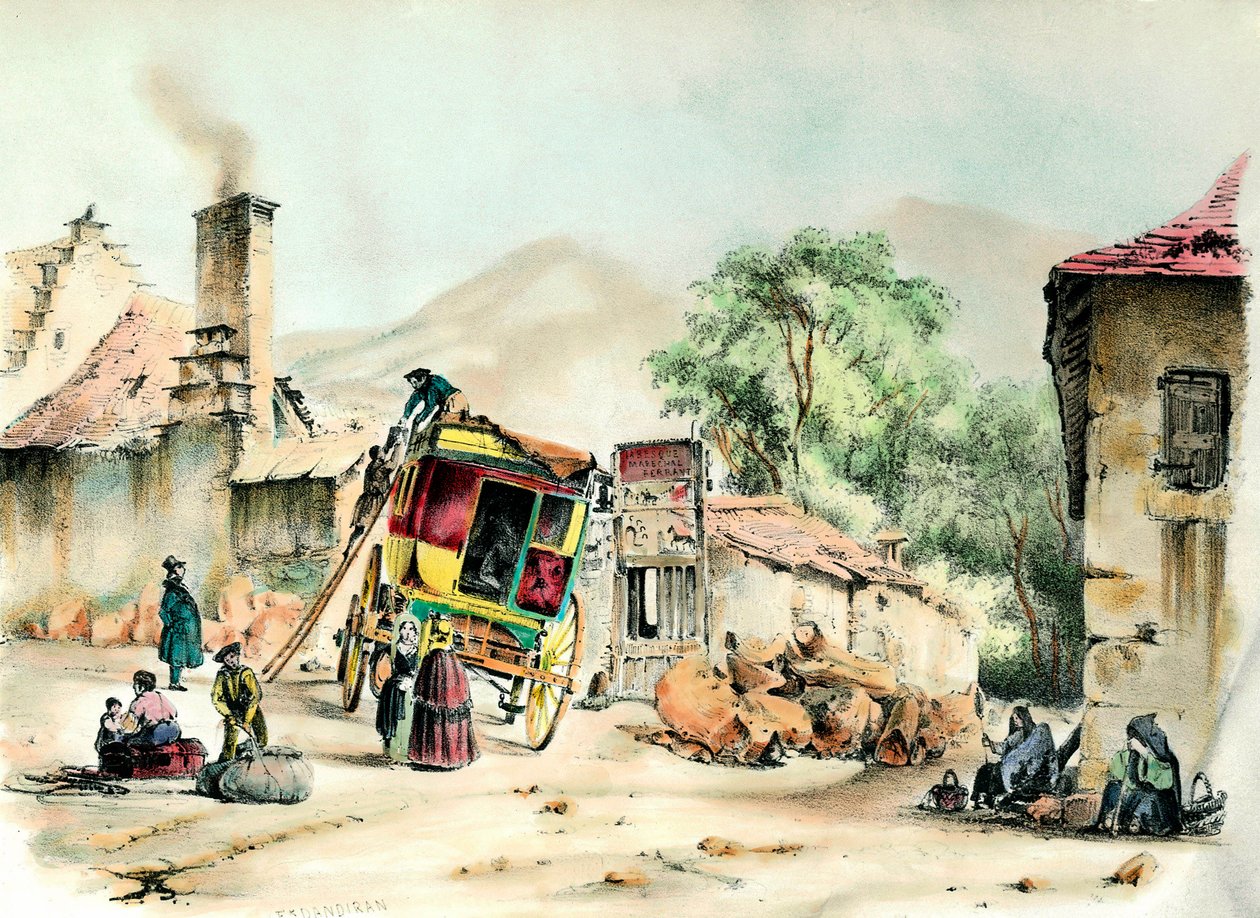 Pierrefites diligence Ankomsten av diligencen som förbinder Pierrefite med Paris. Gravyr från 1836, privat samling av French School