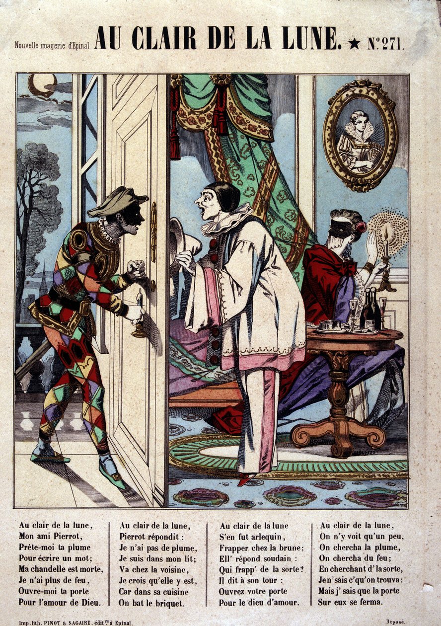 Pierrot, Harlequin och grannen, sjuk. av låten "Au clair de la lune", bild av Epinal av French School