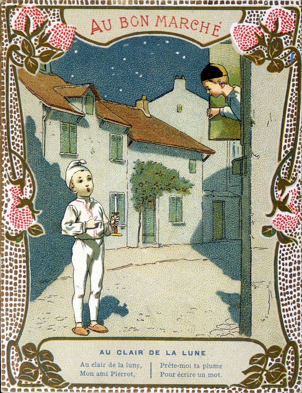 Pierrot med ljuset, "" Au clair de la lune"" - etikett för "Le Bon Marché"" av French School