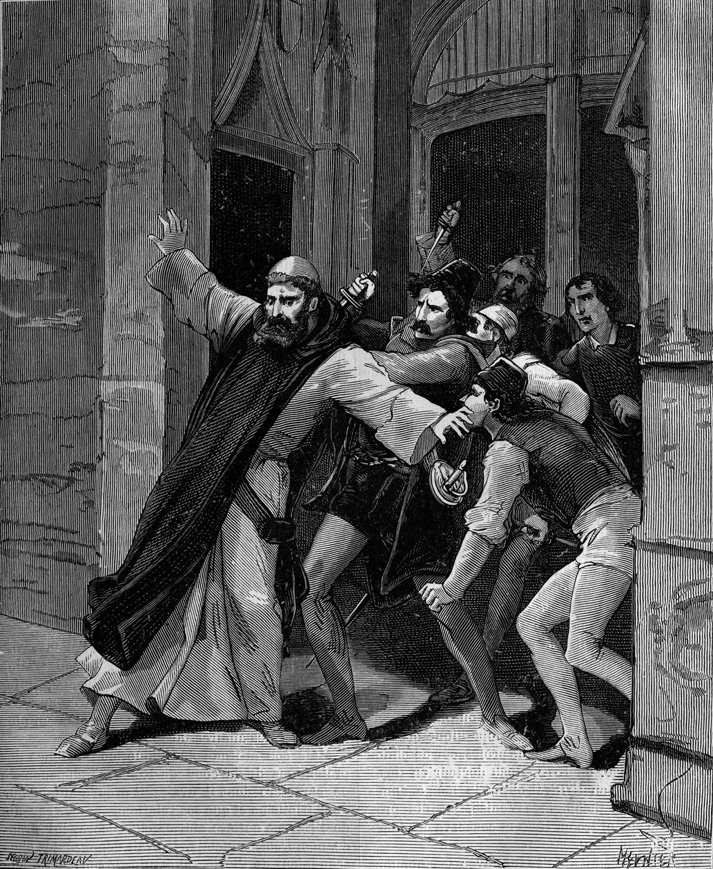 Pietro Paolo Sarpi, känd som Fra Paolo, av Marias Serviters orden (1552-1623) venetiansk historiker sårade av lönnmördare den 5 oktober 1607 i Venedig. av French School