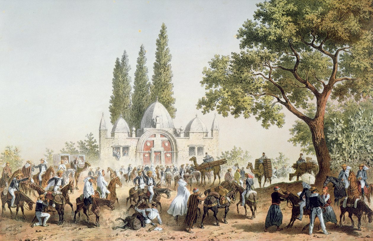 Pilgrimer som stannar i Jaffa vid Sabil Abu Nabuts fontän av French School