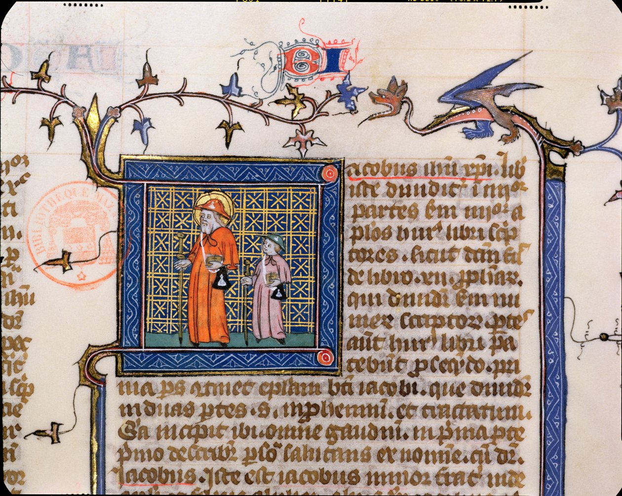 Pilgrimer från Santiago de Compostela, detalj av en historisk initial av French School
