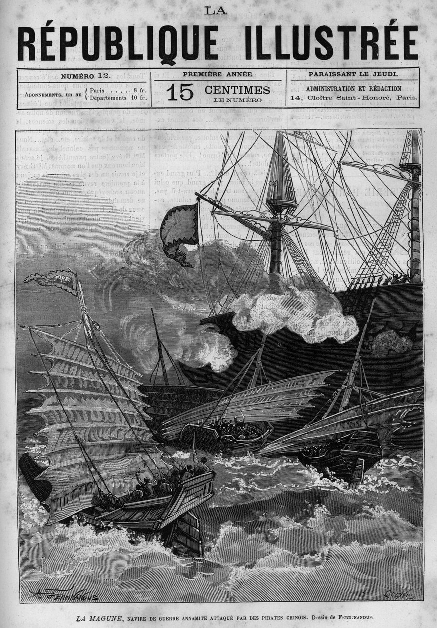 Piratkopiering: Annamiternas krigsskepp ""La Magune"" attackerat av kinesiska pirater. En tidning. Gravyr från 1880 i "La republique illustree"" privat samling. av French School