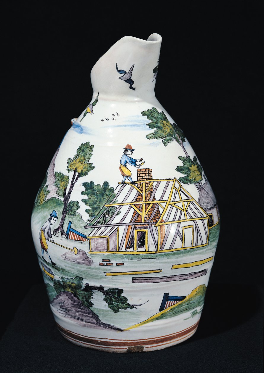 Kanna föreställande konstruktionen av en byggnad, Sinceny, c.1740-50 (fajans) av French School