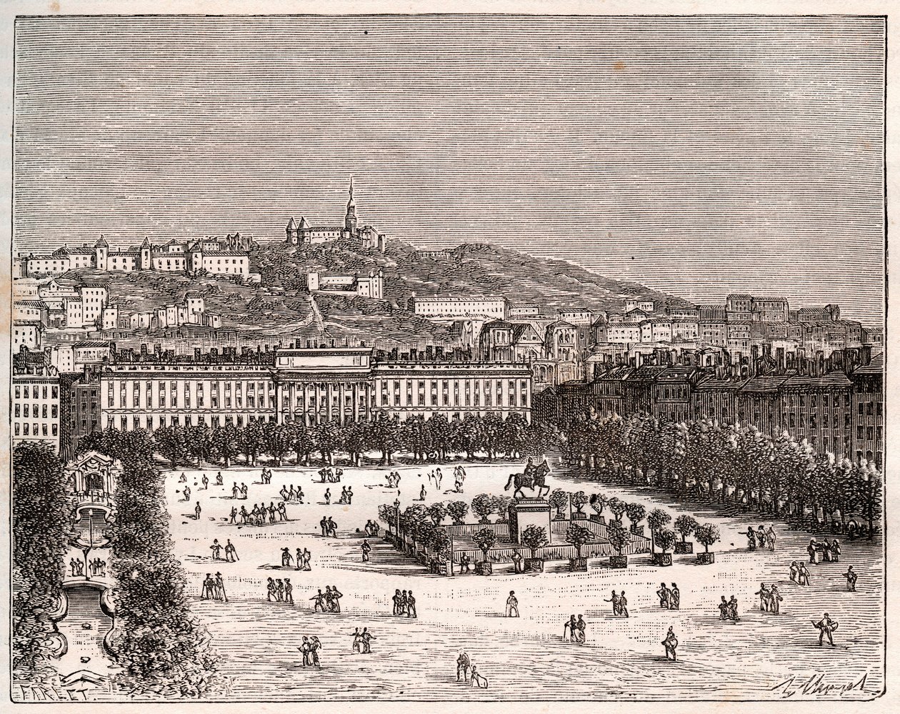 Place Bellecour eller Place Louis-le-Grand - det största torget i Lyon - gravyr i "La France illustrée: geography, history, statistical administration" av V.-A. Maltbrunt. 1884 av French School