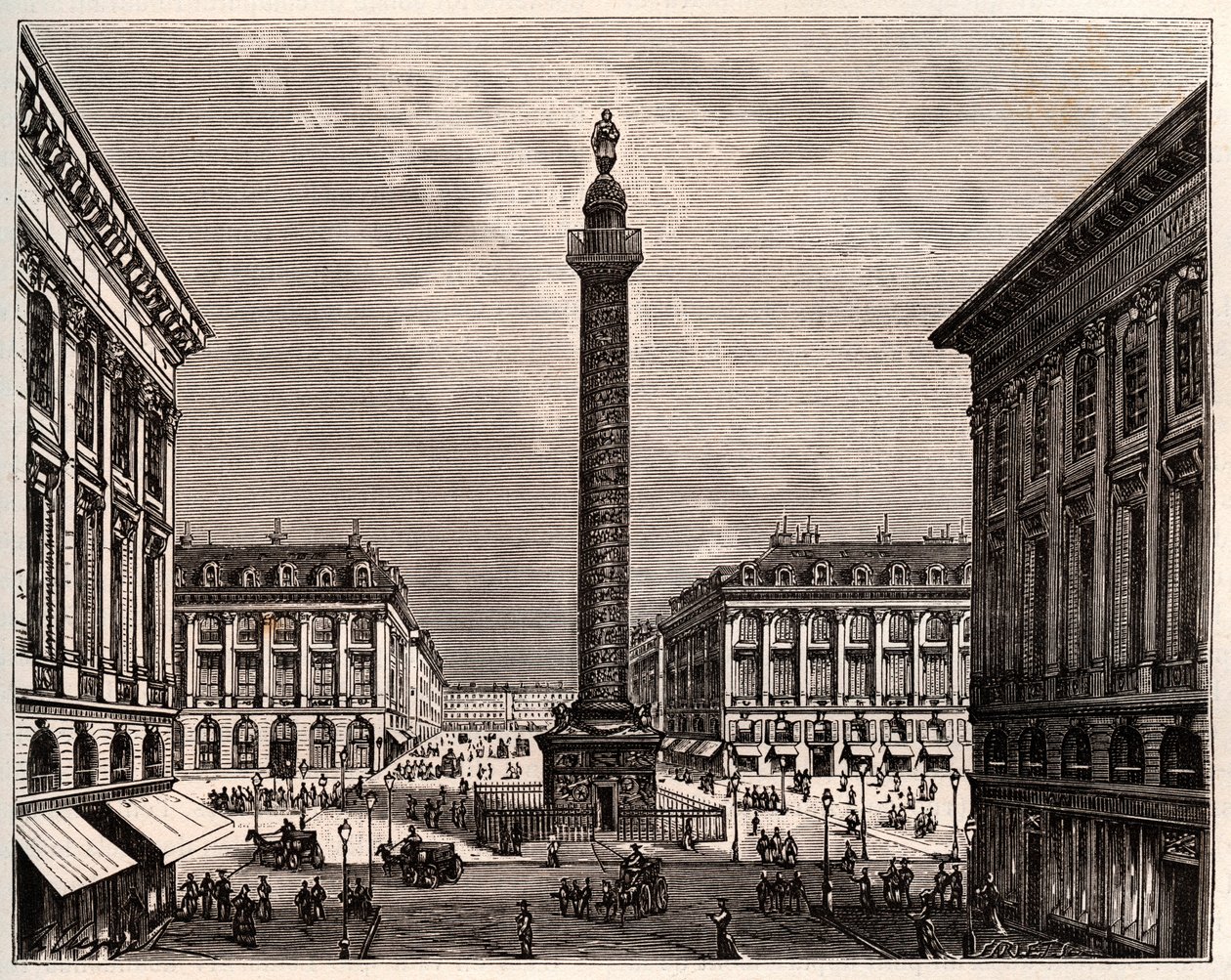 Place Vendome i Paris på 1800-talet - gravyr i "La France illustree: geographie, histoire, administration statistique" av V.A. Malt-brunt. 1884 av French School