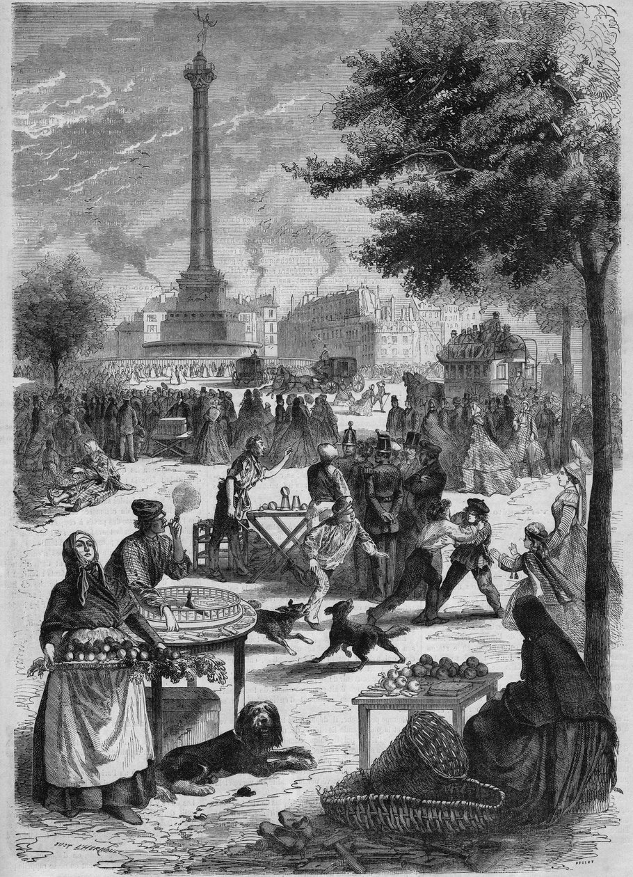 Place de la Bastille en söndag i september. Gravyr efter skiss av Pignard från 1865. av French School