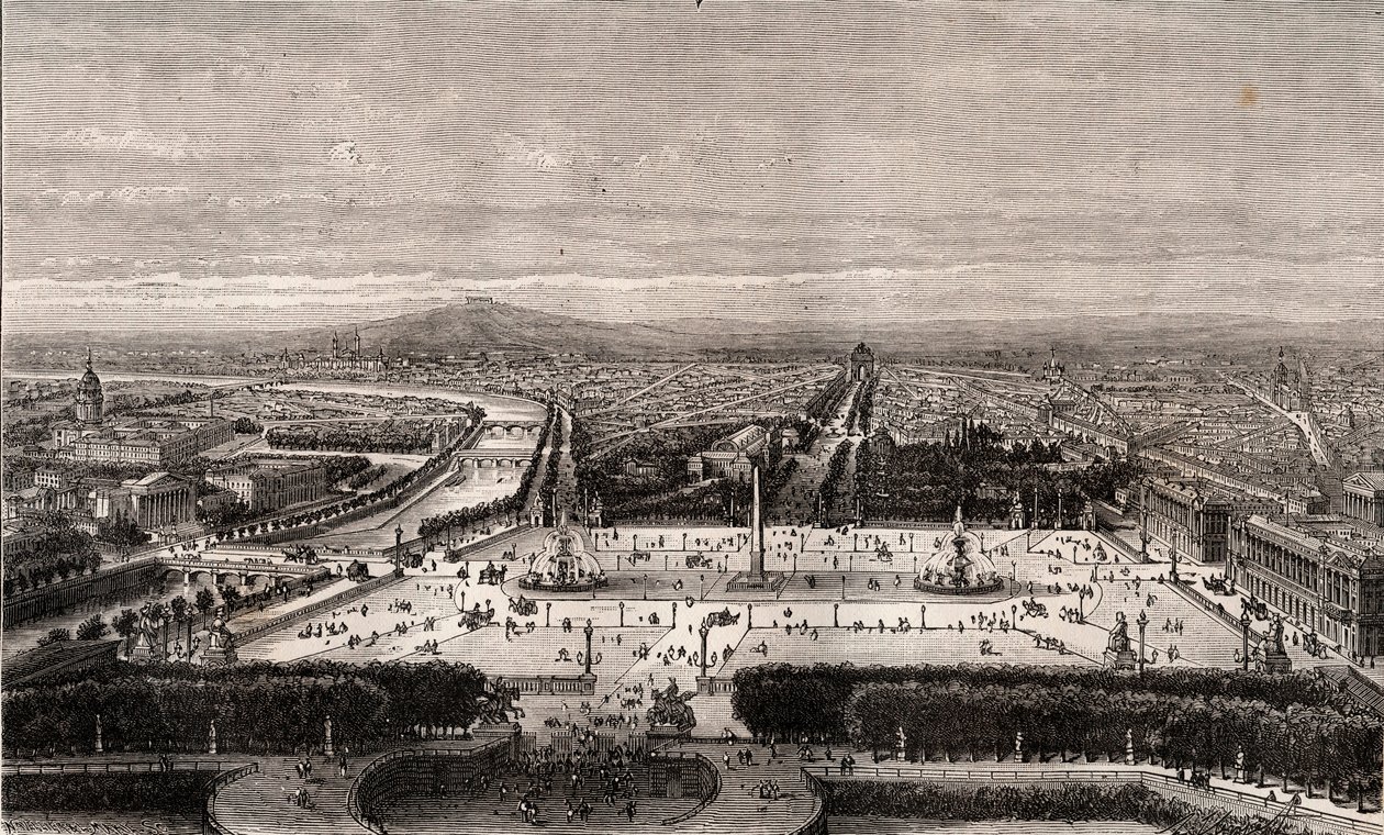 Place de la Concorde i Paris - gravyr i "La France illustree: geografi, historia, statistisk administration" av V.A. Malt-brunt. 1884 av French School