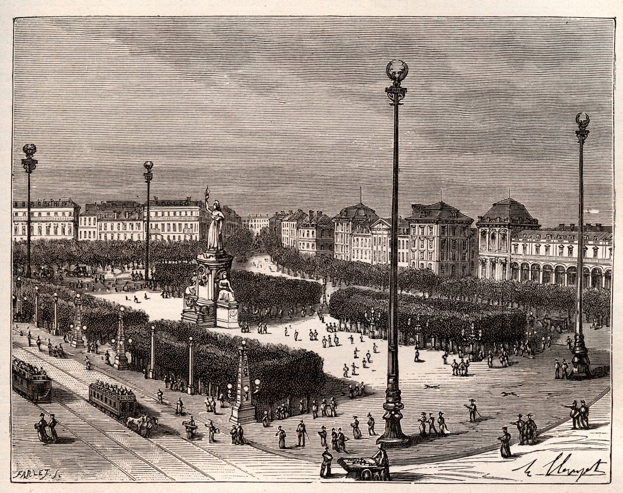 Place de la Republique i Paris - gravyr i "La France illustree: geografi, historia, administration statistique" av V.A. Malt-brunt. 1884 av French School