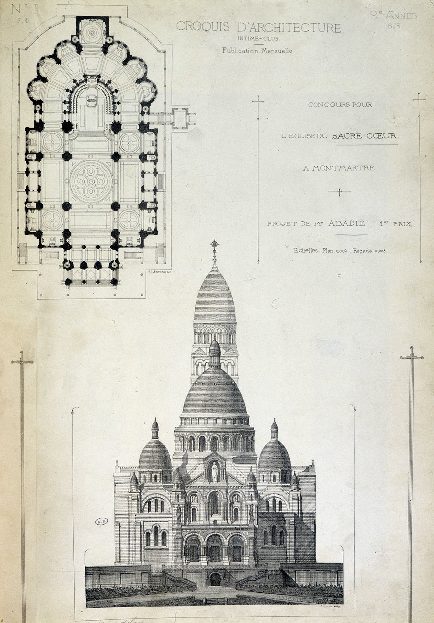 Plan och höjd av det heliga hjärtat, projekt av Mr Abadie, sent 1800-tal av French School