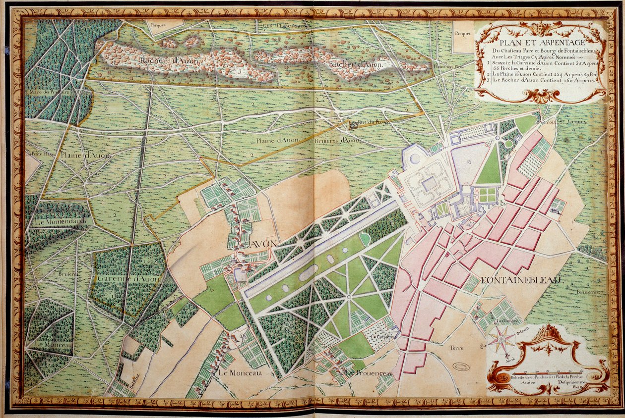 Plan och översikt över slottet, parken och byn Fontainebleau av French School