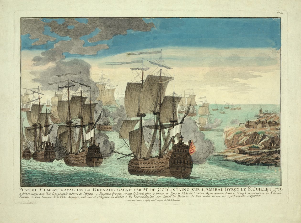 Grenada Naval Combat Plan Vann av Mr. Cte. D"Estaing på amiral Byron den 6 juli 1779, pub. 1779 av French School