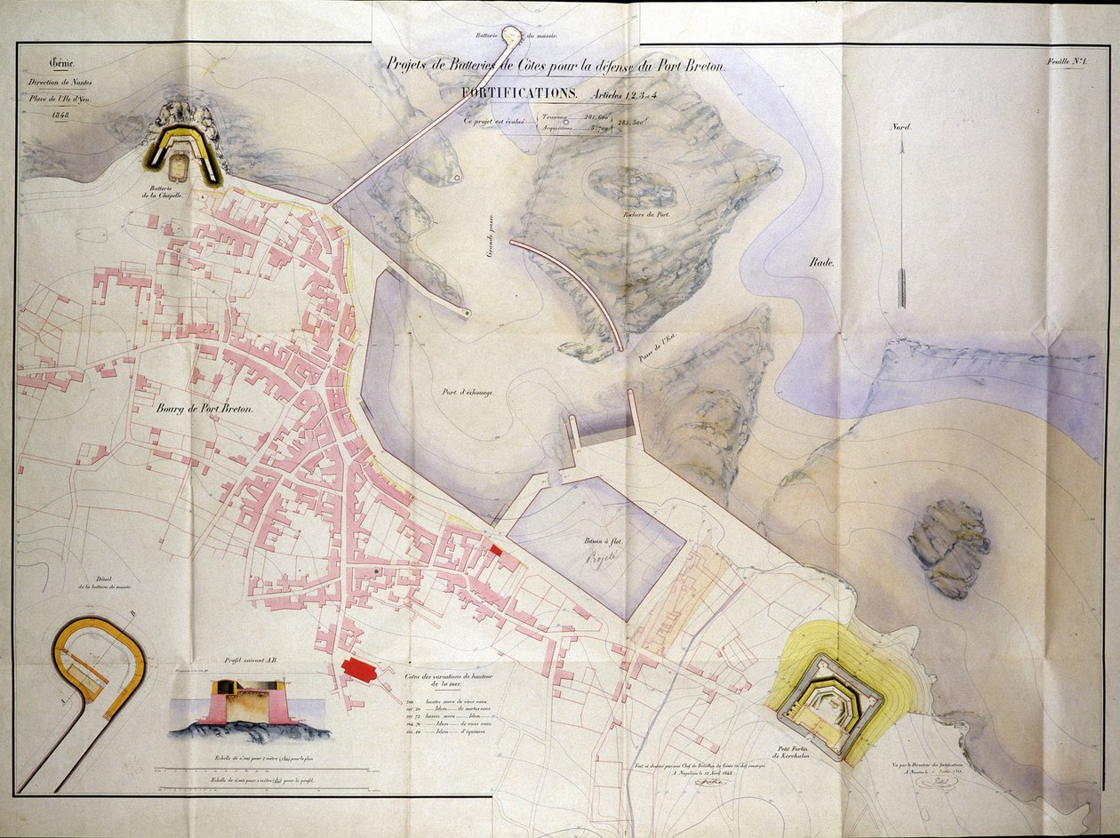 Plan för byggandet av kustbatterierna för försvaret av Bretons hamn 1848. av French School