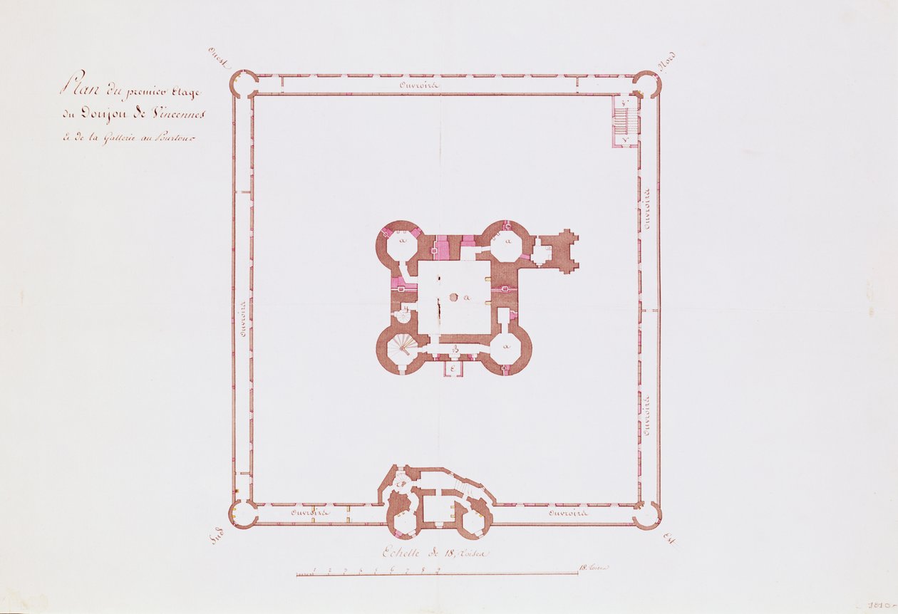 Plan för första våningen i Donjon i Vincennes, 1810 (penna och bläck på papper) av French School