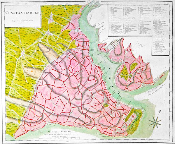 Plan av Konstantinopel (handfärgad gravyr) av French School
