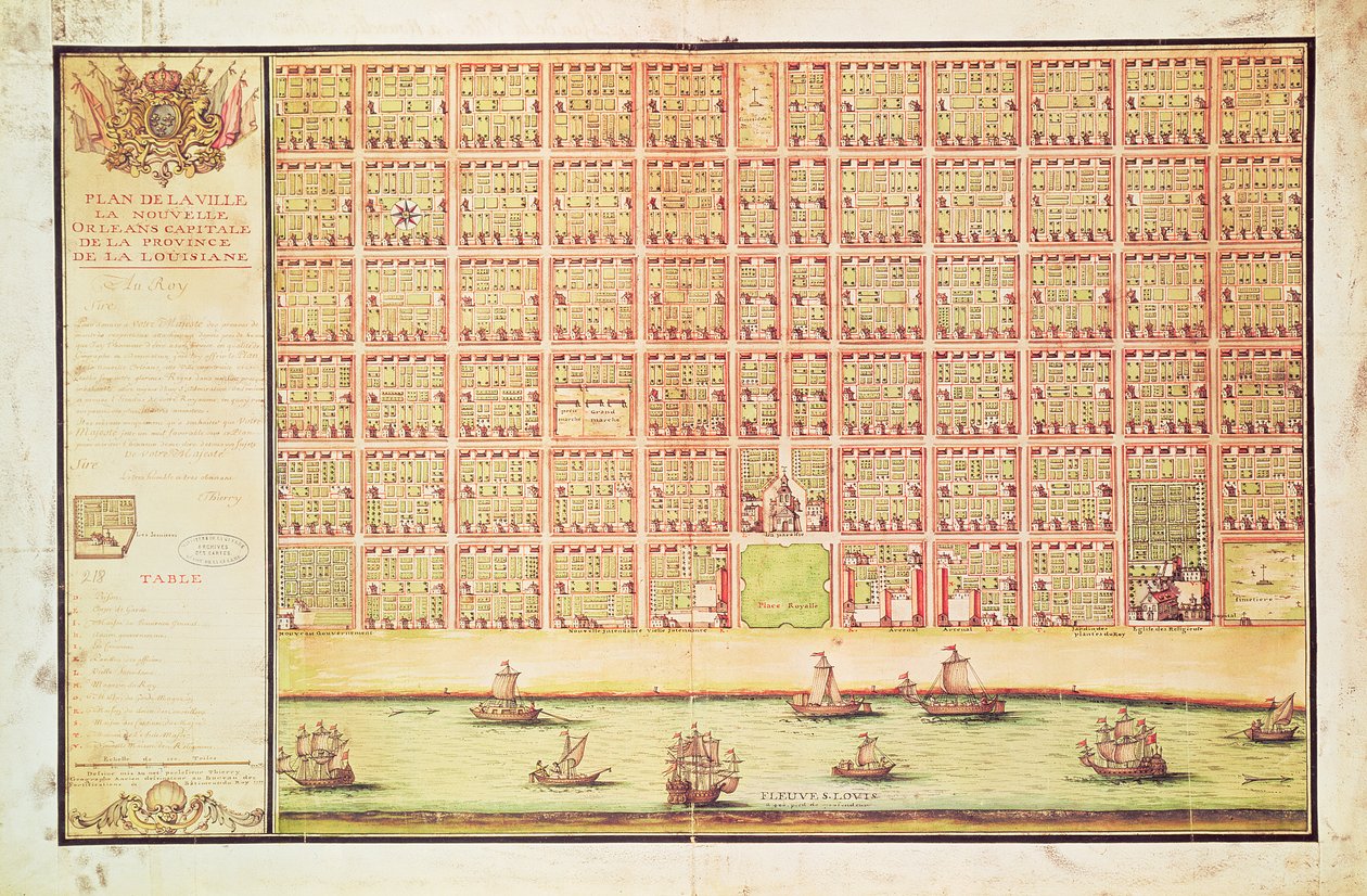 Plan av New Orleans, 1738 (wc på papper) av French School