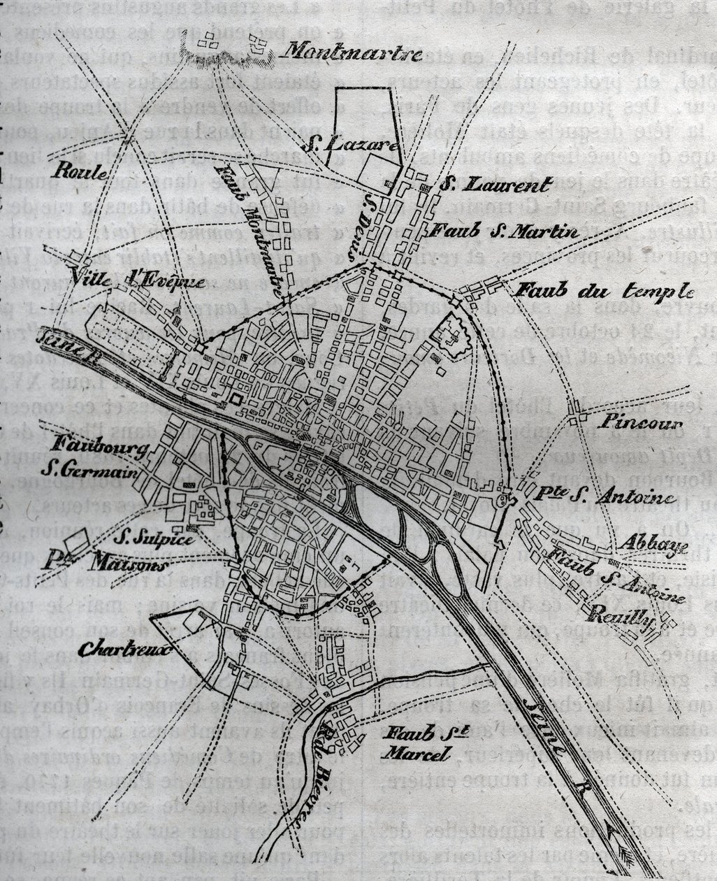 Karta över Paris under Henri III (1580) Gravyr i ""Paris fysiska, civila och moraliska historia: från de tidigaste historiska tiderna till våra dagar"" av Jacques Antoine Dulaure av French School