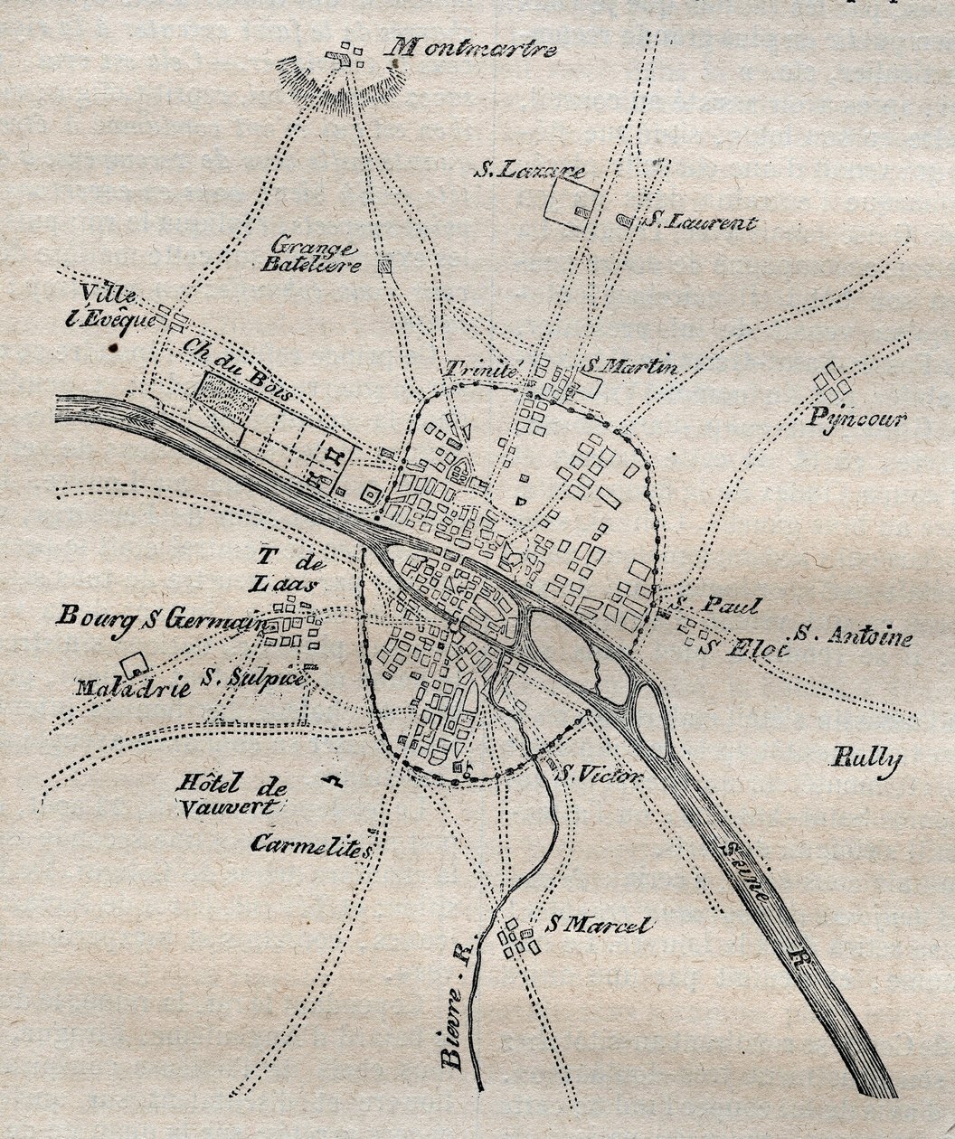 Plan över Paris under Philippe Auguste av French School