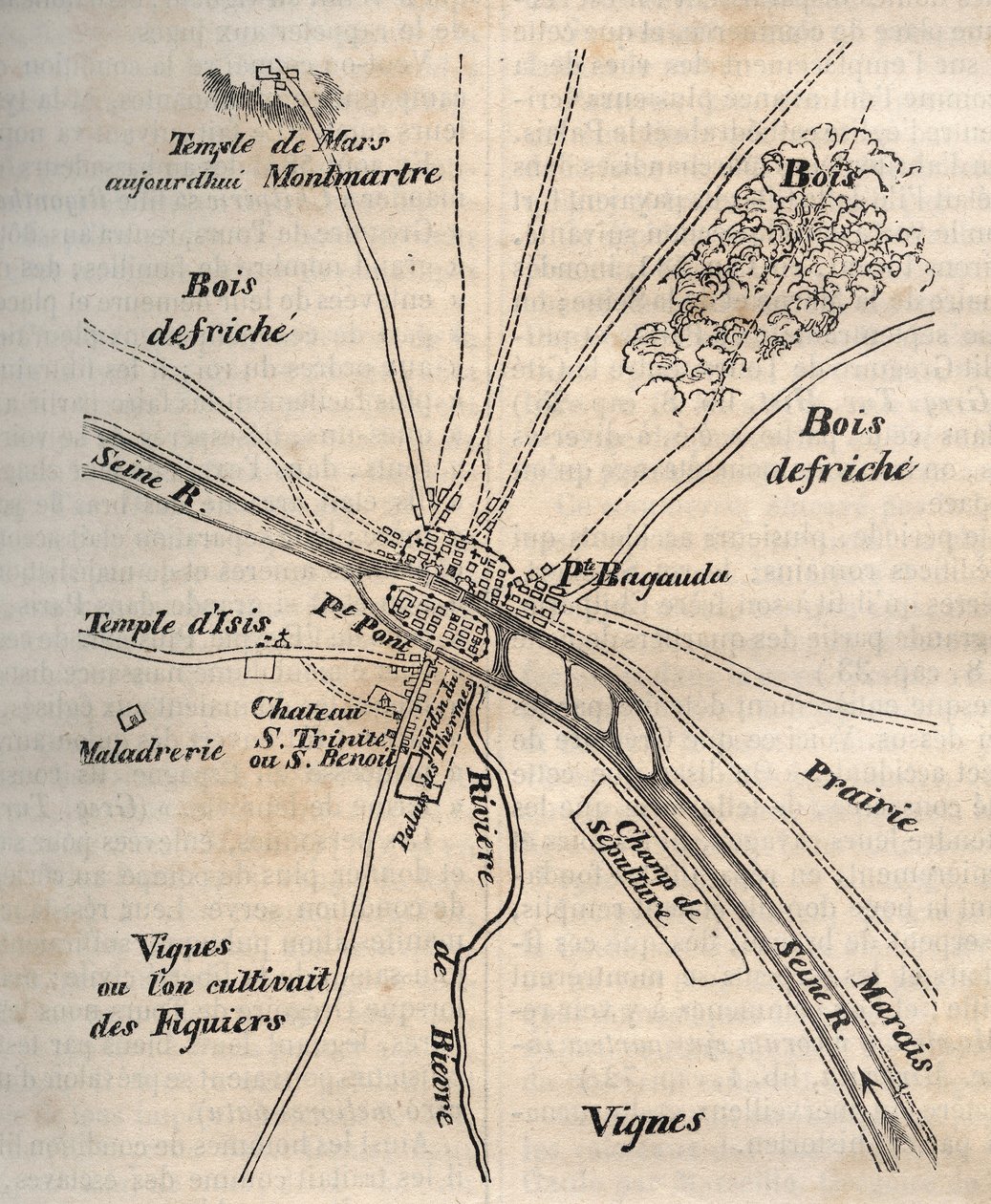 Paris Plan under Merovingians - Gravyr i "" Fysisk, civil och moralisk historia av Paris: från de tidigaste historiska tiderna till idag" av Jacques Antoine Dulaure av French School