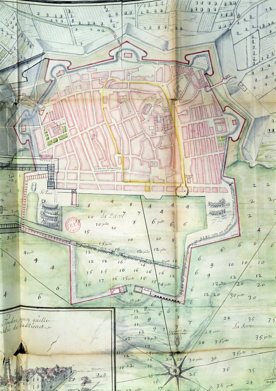Plan av Toulon, 1669 (penna & bläck och wc på papper) av French School