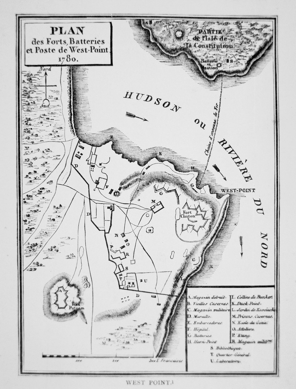 Plan över West Point, det viktiga fort som Benedict Arnold planerade att överlämna till britterna under frihetskriget (litografi). av French School