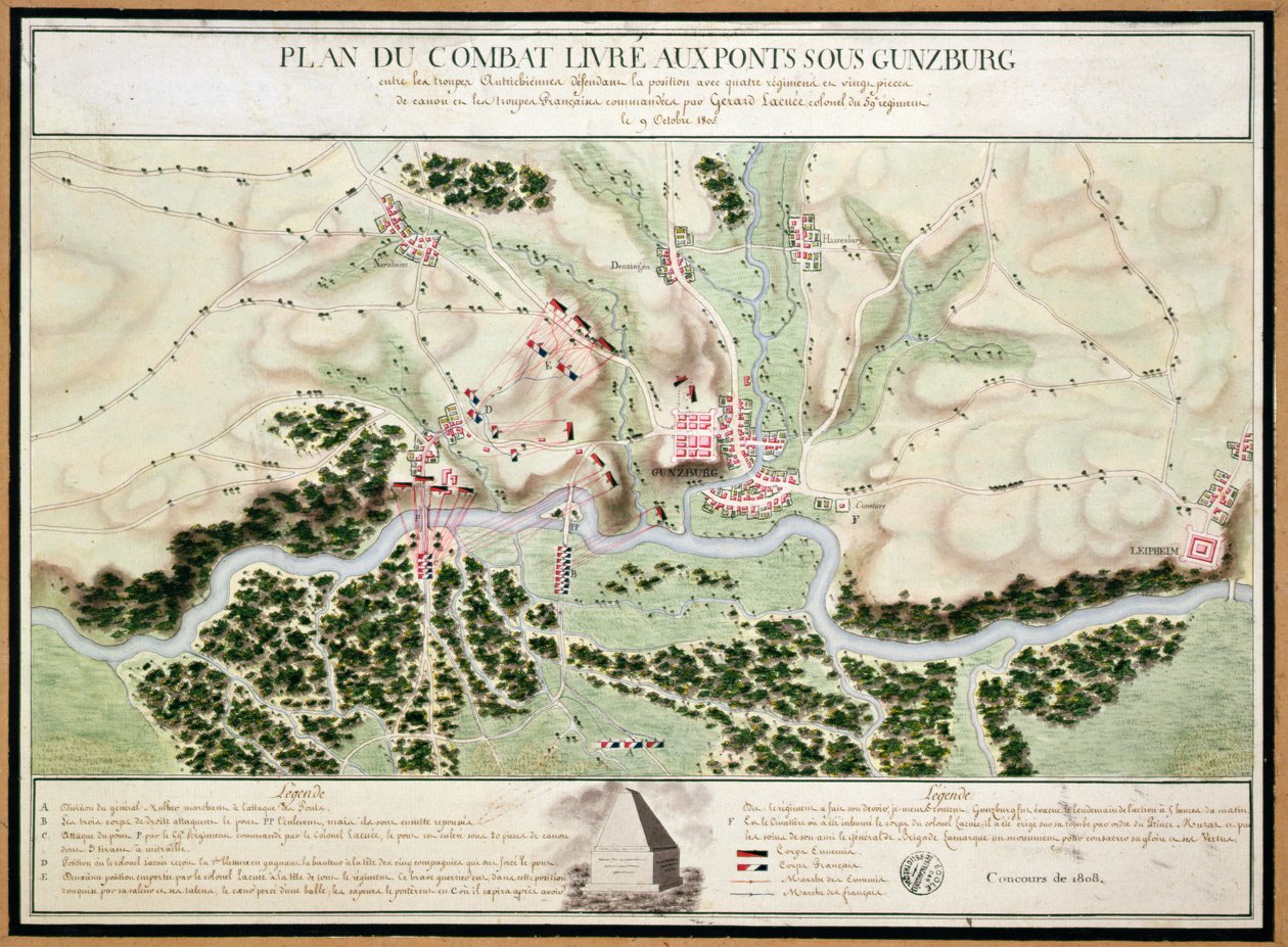 Plan över händelser i slaget vid Gunzburg mellan österrikiska och franska trupper 1805, 1808 av French School