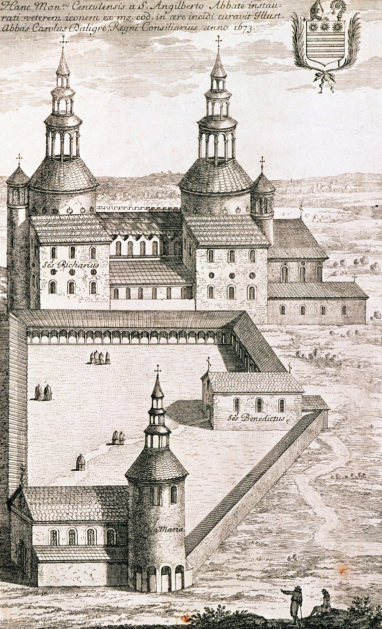 Plan över benediktinerklostret Saint-Riquier 1673 av French School