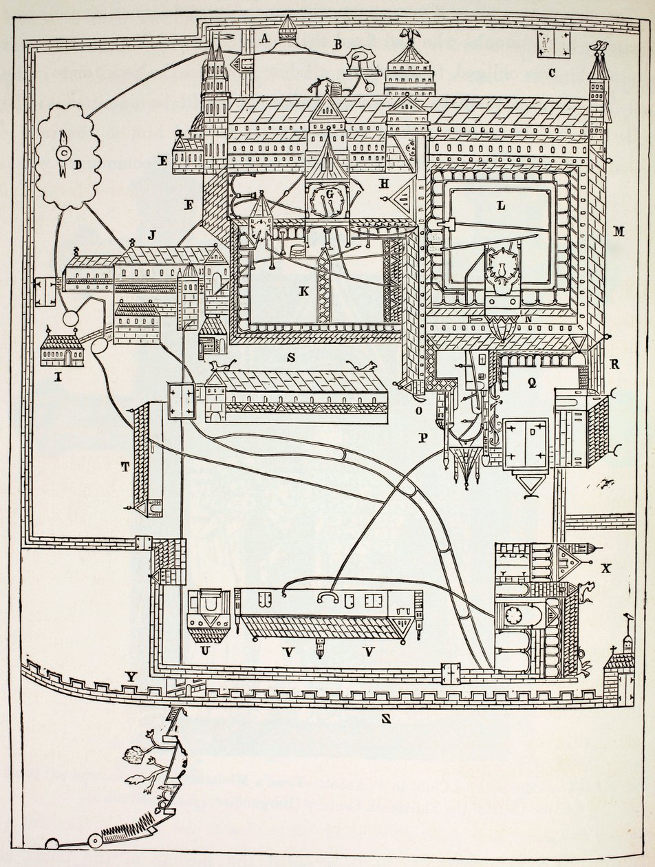 Plan över Benediktinerklostret i Canterbury på 1100-talet, från Military and Religious Life in the Middle Ages av Paul Lacroix, publicerad i London ca 1880 av French School