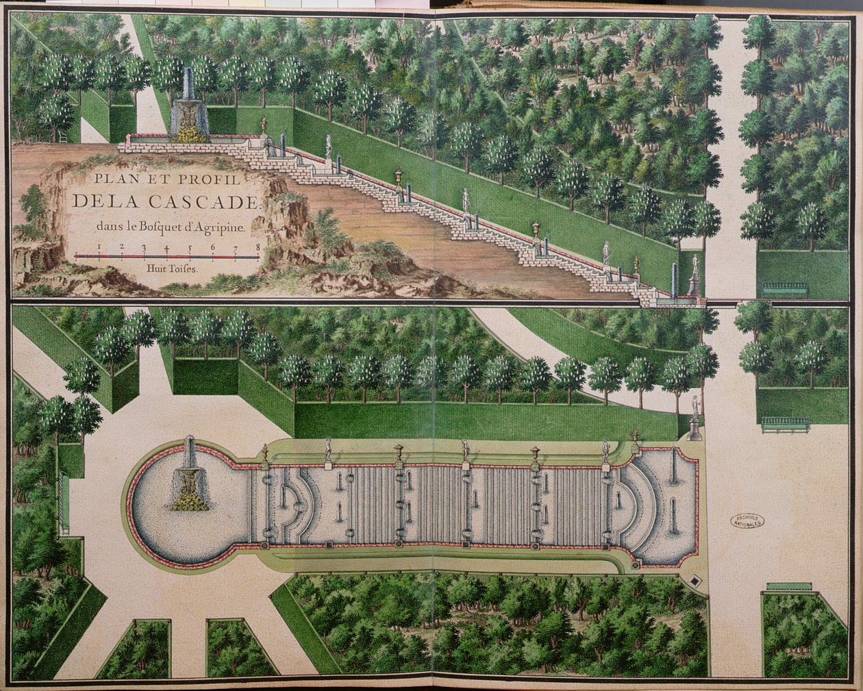 Plan över kaskaden i Agrippinalunden, från Gardens at Marly, tidigt 1700-tal (wc på papper) (se även 163976) av French School