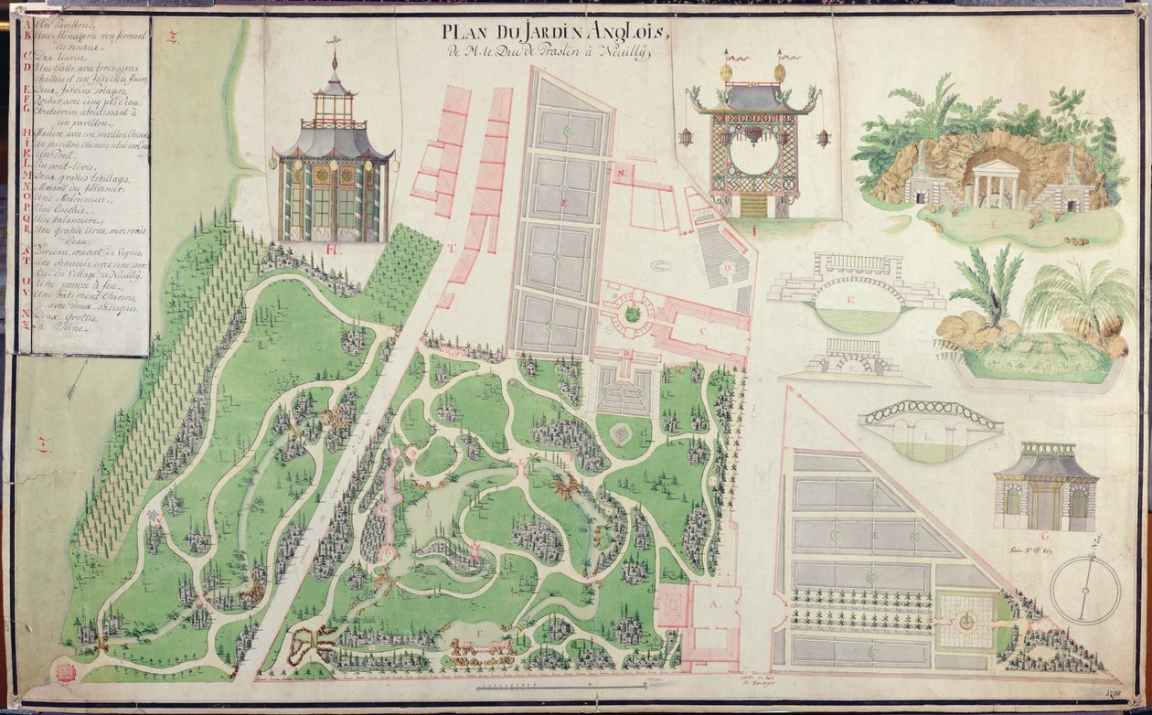 Plan över hertigen av Praslins engelska landskapsträdgård i Neuilly-sur-Seine, 1788 (penna och bläck och wc på papper) av French School
