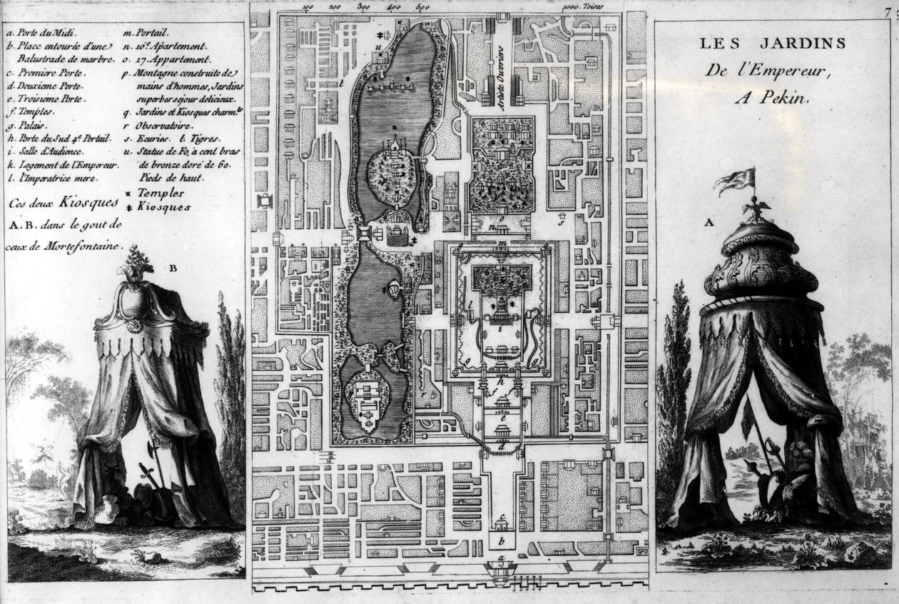 Plan över kejsaren av Pekings trädgårdar, från Jardins Anglo-Chinois a la Mode, av George Louis le Rouge, publicerad ca 1776-78 av French School