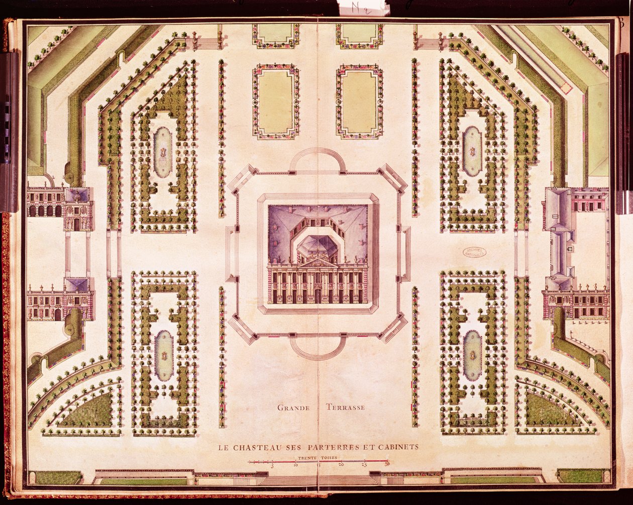 Plan över den stora terrassen på Chateau de Marly, 1714 av French School