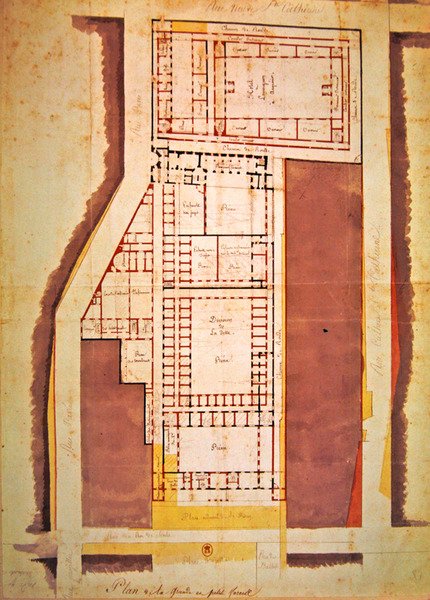 Plan över fängelset Grande och Petite Force, rue du Roi de Sicile, Paris (bläck & tvätt på papper) av French School