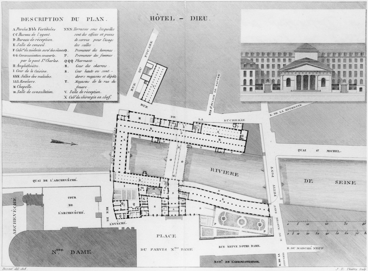 Karta över Hotel-Dieu, Paris, illustration från Description des Hopitaux de Paris, graverad av Jacques Etienne Thierry (1750-1832) efter Bessat, 1808 av French School