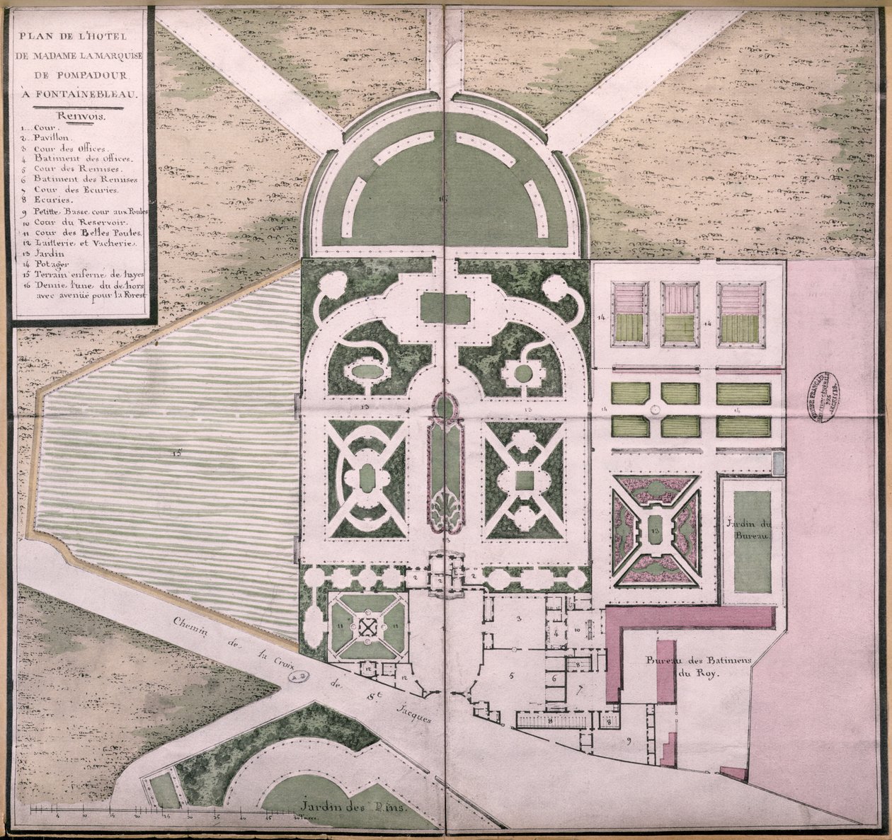 Plan över hotellet Madame de Pompadour i Fontainebleau (färggravyr) av French School