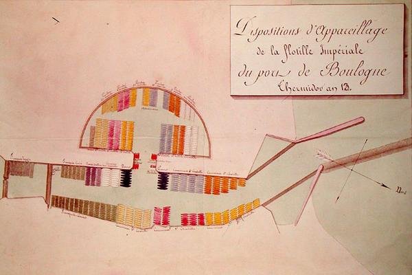 Plan över den kejserliga flottiljen i hamnen i Boulogne den 17 januari 1804 (penna & bläck och wc på papper) av French School