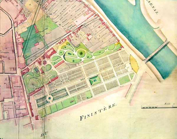 Plan över Jardin des Plantes i Paris under empireperioden (bläck & akvarell på papper) av French School